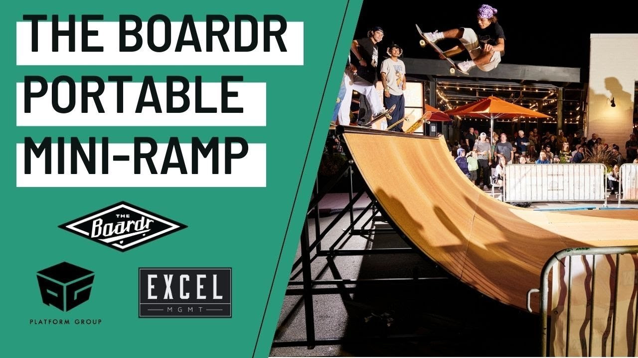 We set up half of our portable mini-ramp at Des Moines recently for their Streetstyle Open event. This half is 16 feet wide. Optional widths can be 16, 24, or 32 feet wide. It's 5 feet high with 7 foot transitions and a 4 foot deck. Contact us at Help@TheBoardr.com for details.