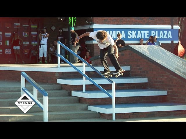 Half way through the 3 minute jam, you could hear the crowd getting more and more live as it became apparent that Nassim had a chance of beating Nyjah in their first head to head bracket. Then the crowd started chanting for Nassim. After the last minute of the jam with both skaters getting in their bangers, it was Nassim on top by just a 1.33 points to advance. When it was announced, the crowd went nuts. Nyjah smiled and congratulated Nassim for knocking him out of the brackets. In the end, Kelvin who didn't have to skate against Nyjah because of that, ended up winning the $100k. The tricks here are just a small sample of what went down. HiDefJoe is only one person filming these two rippers. Get the full results and more coverage from Kimberley Diamond Cup here:<br /><br />On The Boardr: Finals Recap<br />http://theboardr.com/post/Skateboarding_World_Championships_Video_2014<br /><br />Full results:<br />http://theboardr.com/results