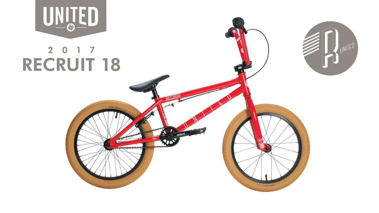 United BMX 2017 Recruit 18"<br /><br />See the full range and shop/locate your local dealer here: http://unitedbikeco.com/collections/bikes<br /><br />TOP TUBE LENGTH: 18"<br /><br />FRAME: 1020 hi ten, welded brake mounts, 1 1/8" head tube, mid bb, embossed logo top tube gusset, 10mm axle slots<br /><br />GEOMETRY: HT: 75° / CS: 12.25” / SO: 7.5” / BB: 10.75” / ST: 71°<br /><br />FORKS: Cnc steerer tube, 1020 tapered hi tensile steel legs <br /><br />HANDLEBARS: 7.75” x 26” 1020 hi tensile steel with 1.5° up sweep, 11° back sweep<br /><br />GRIPS: United jr & United ends<br /><br />HEADSET: 1 1/8" A Headset painted to match bike frame colour<br /><br />STEM: United 40mm reach top load stem with embossed United logo on faceplate and forged detailing on sides<br /><br />LEVER: Alloy<br /><br />BRAKE: 990<br /><br />CRANKS: 3pc 140mm, Tubular, 8 spline, printed United logo<br /><br />BB: United sealed bearing mid<br /><br />SPROCKET: United 25t, steel<br /><br />PEDALS: Junior size plastic<br /><br />CHAIN: United Supreme X410 <br /><br />REAR RIM: Alloy 36h, single wall<br /><br />FRONT RIM: Alloy 20h, single wall<br /><br />REAR HUB: 36h sealed cassette hub with 10mm axle, sealed bearing 9t driver, 4 pawl, ultra loud mechanism<br /><br />FRONT HUB: 20h, 10mm axle<br /><br />REAR TYRE: United Direct 18 x 2.1”<br /><br />FRONT TYRE: United Direct 18 x 2.1”<br /><br />SEAT: United Recruit jr railed with United sewn patch on rear <br /><br />SEAT POST: Steel w/guts 25.4mm<br /><br />SEAT CLAMP: Alloy<br /><br />PEGS: N/A<br /><br />WEIGHT: 20.5 lbs / 9.2 kg<br /><br />COLOURS: Gloss Navy blue & Gloss Red