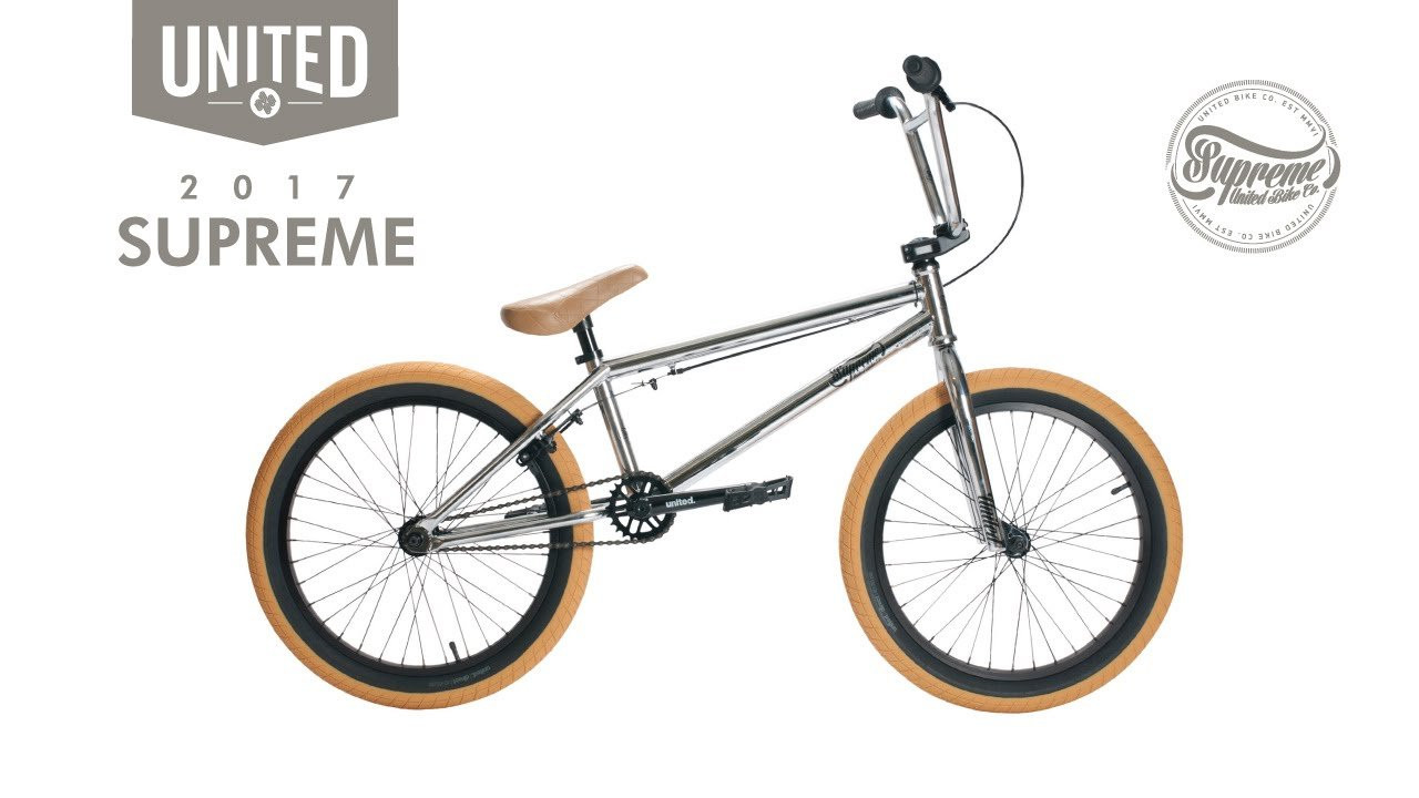 United BMX 2017 Supreme 20.25"<br /><br />See the full range and shop/locate your local dealer here: http://unitedbikeco.com/collections/bikes<br /><br />TOP TUBE LENGTH: 20.25”<br /><br />FRAME: 1020 hi ten, welded brake mounts, integrated head tube, mid bb, CNC seat stay bridge embossed logo down tube gusset<br /><br />GEOMETRY: HT: 75° / CS: 13.25” / SO: 8.25” / BB: 11.8” / ST: 71°<br /><br />FORKS: Cnc steerer tube, integrated bearing race, tapered 1020 hi tensile steel legs <br /><br />HANDLEBARS: 9” x 28.5” 1020 hi tensile steel with larger radius bends, 2.5° up sweep, 11° back sweep<br /><br />GRIPS: United Jimmy grips & United ends<br /><br />HEADSET: United sealed bearing, int.<br /><br />STEM: United 50mm reach top load stem with embossed United logo on faceplate and forged detailing on sides<br /><br />LEVER: Alloy<br /><br />BRAKE: 990<br /><br />CRANKS: 3pc 170mm, tubular cromo, 8 spline, printed United logo<br /><br />BB: United sealed bearing mid<br /><br />SPROCKET: United 25t, steel<br /><br />PEDALS: United Valentino nylon pedals<br /><br />CHAIN: United Supreme X410 <br /><br />REAR RIM: Alloy 36h, single wall<br /><br />FRONT RIM: Alloy 36h, single wall<br /><br />REAR HUB: 36h United Supreme sealed alloy cassette hub with 14mm axle, sealed bearing 9t driver, 4 pawl, ultra loud mechanism<br /><br />FRONT HUB: 36h alloy, sealed bearing, 10mm axle<br /><br />REAR TYRE: United Direct 20 x 2.3”<br /><br />FRONT TYRE: United Direct 20 x 2.3”<br /><br />SEAT: United Padded Seat/Post Combo with custom sewn patch on rear <br /><br />SEAT POST: Integrated with seat<br /><br />SEAT CLAMP: Alloy<br /><br />PEGS: N/A<br /><br />WEIGHT: 24.9 lbs / 11.29 kg<br /><br />COLOURS: Satin Black, Chrome & Trans Dark Maroon