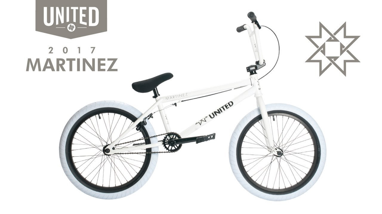 UnitedBMX 2017 Martinez 20.5"<br /><br />See the full range and shop/locate your local dealer here: http://unitedbikeco.com/collections/bikes<br /><br />TOP TUBE LENGTH: 20.5”<br />FRAME: 4130 cromo down tube, welded brake mounts and guides, integrated head tube, mid bb, embossed logo top and downtube gussets<br /><br />GEOMETRY: HT: 75° / CS: 13.25” / SO: 9” / BB: 11.8” / ST: 71°<br /><br />FORKS: Cromo cnc steerer tube, integrated bearing race, tapered 1020 hi tensile steel legs with angled ends<br /><br />HANDLEBARS: 8.85” x 28.5” 1020 hi tensile steel with 2° up sweep, 10° back sweep<br /><br />GRIPS: United flangeless & United ends<br /><br />HEADSET: United sealed bearing, int.<br /><br />STEM: United 50mm reach top load stem with embossed United logo on faceplate and forged detailing on sides<br /><br />LEVER: Alloy<br /><br />BRAKE: Tektro 990<br /><br />CRANKS: 3pc 170mm, heat treated cromo, 8 spline, stamped United logo<br /><br />BB: United sealed bearing mid<br /><br />SPROCKET: United 25t, steel<br /><br />PEDALS: United Valentino nylon pedals<br /><br />CHAIN: United Supreme X410 <br /><br />REAR RIM: Alloy 36h, single wall<br /><br />FRONT RIM: Alloy 36h, single wall<br /><br />REAR HUB: 36h United Supreme sealed alloy cassette hub with 14mm axle, sealed bearing 9t driver, 4 pawl, ultra loud mechanism<br /><br />FRONT HUB: 36h alloy, sealed bearing, 10mm axle<br /><br />REAR TYRE: United U-Slick 20 x 2.35"<br /><br />FRONT TYRE: United U-Slick 20 x 2.35"<br /><br />SEAT: United Martinez medium Tripod, Kevlar cover with custom United patch on rear<br /><br />SEAT POST: United alloy Tripod<br /><br />SEAT CLAMP: Alloy<br /><br />PEGS: 2 x steel 100mm<br /><br />WEIGHT: 24.9 lbs / 11.29 kg<br /><br />COLOURS: Trans Gold & Gloss White