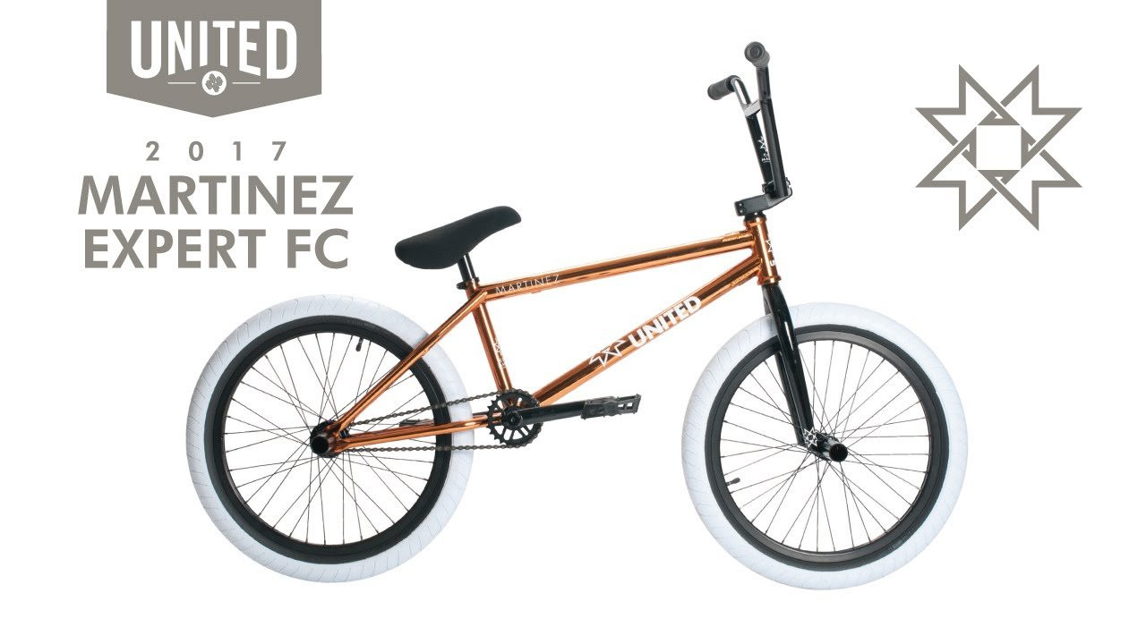 United 2017 Martinez Expert FC20.65”<br /><br />See the full range and shop/locate your local dealer here: http://unitedbikeco.com/collections/bikes<br /><br />TOP TUBE LENGTH: 20.65”<br /><br />FRAME: 100% 4130 cromo tubing with removable brake mounts and guides, integrated head tube, mid bb, embossed logo top and downtube gussets<br /><br />GEOMETRY: HT: 75° / CS: 13.25” / SO: 9” / BB: 11.8” / ST: 71°<br /><br />FORKS: 100% 4130 cromo with cnc steerer, integrated bearing race, tapered legs with angled ends and cnc dropout holes<br /><br />HANDLEBARS: 9” x 29" 4pc bars 100% 4130 cromo with 3.5° up sweep, 11° back sweep<br /><br />GRIPS: United flangeless & United ends<br /><br />HEADSET: United sealed bearing, int.<br /><br />STEM: United 52mm Reach Supreme Stem with embossed United logo on faceplate and machined recess for flush fitting topcap<br /><br />LEVER: Alloy<br /><br />BRAKE: Tektro 990<br /><br />CRANKS: 3pc 175mm, heat treated cromo, 8 spline, stamped United logo<br /><br />BB: United sealed bearing mid<br /><br />SPROCKET: United 25t, steel<br /><br />PEDALS: United Valentino nylon pedals<br /><br />CHAIN: United Supreme X410 <br /><br />REAR RIM: Alloy 36h, double wall<br /><br />FRONT RIM: Alloy 36h, double wall<br /><br />REAR HUB: 36h sealed United Supreme freecoaster hub 14mm axle, 9t driver<br /><br />FRONT HUB: 36h United Supreme sealed alloy, 10mm, female bolt<br /><br />REAR TYRE: United U-Slick 20 x 2.35"<br /><br />FRONT TYRE: United U-Slick 20 x 2.35"<br /><br />SEAT: United Martinez Fat Tripod, Kevlar cover with custom United patch on rear<br /><br />SEAT POST: United alloy Tripod<br /><br />SEAT CLAMP: Alloy with machined detail<br /><br />PEGS: 4 x steel 100mm<br /><br />WEIGHT: 24 lbs / 10.88 kg<br /><br />COLOURS: ED Copper<br /><br />Full Catalog here:
