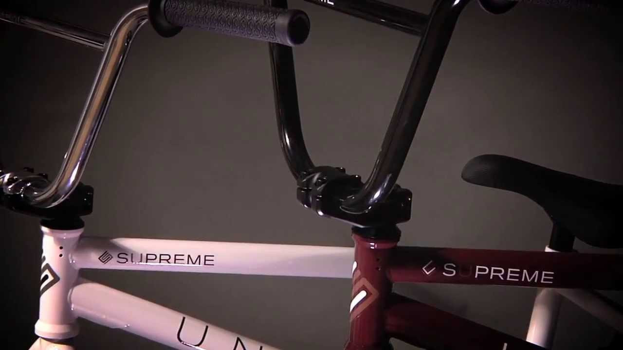 For more info visit: http://unitedbikeco.com/products/2014-supreme-complete-bike/<br /><br />UK SRP £399.99<br />USA MSRP $479.99<br /><br />Top Tube Length 20.5 in or 21 in<br />Frame Geometry HT: 75.5° / CS: 13.25 in / BB: 11.8 in / SO: 8.35 in / ST: 69°<br />Frame Info 4130 cromo down tube, top tube and chain stays, removable brake mounts and guides, integrated head tube, mid bb, oval down tube, cnc brake bridge, embossed logo down tube gusset, 14mm dropouts<br />Forks 100% 4130 cromo, cnc steerer, integrated bearing race, tapered legs with angled ends, cnc dropout holes<br />Handlebars 8.75 in rise, 28 in wide, 11° back sweep, 2.5° up sweep, 1020 hi ten steel, large dual radius bends<br />Grips United Alchemist Jimmy Rushmore signature, United nylon bar ends<br />Headset United sealed bearing integrated<br />Stem United 50mm reach top load stem with United logos and forged detailing<br />Lever Alloy<br />Brake Tektro 990<br />Cranks 3pc 165mm, heat treated tubular cromo, 19mm 8 spline spindle<br />BB United sealed bearing mid, 19mm<br />Sprocket United 25t, steel<br />Pedals Duo 'Resilite' Nylon<br />Chain Taya 410, black<br />Rear Rim Alloy 36h, single wall<br />Front Rim Alloy 36h, single wall<br />Rear Hub 36h sealed alloy cassette, 14mm axle, sealed bearing 9t driver, 4 pawl, ultra load mech<br />Front Hub 36h alloy, female 10mm axle<br />Rear Tyre United Direct 20 x 2.3<br />Front Tyre United Direct 20 x 2.3<br />Seat United Supreme mid pivotal<br />Seat Post United alloy pivotal<br />Seat Clamp Invest cast integrated w/frame<br />Pegs n/a<br />Weight 24.6 lbs / 11.15 kg<br />Colours Gloss burgundy & gloss white