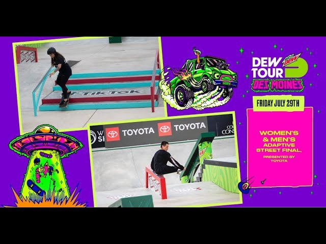 Watch the live broadcast of the 2022 Dew Tour in Des Moines, Iowa, from Lauridsen Skatepark, featuring some of the world’s best skateboarders and adaptive athletes. Day one kicks off with the women’s and men’s adaptive street final, presented by Toyota, followed by the women’s skateboarding park final and the men’s skateboarding street final to end the night. Scroll down below for event details and the entire evening’s schedule. #dewtour<br /><br />*PLEASE NOTE: This broadcast will end at the end of the men’s adaptive street final, and a new live stream will begin for the women’s park final and the men’s street final.<br /><br />Event Details<br />The women’s and men’s adaptive street final features eight of the world’s best adaptive athletes, where each competitor will be allotted three runs with 45-seconds for a chance to put together their best tricks for the judges. Ultimately, their best and highest-scoring run counts towards their final result.<br /> <br />The women’s skateboarding park final features eight of the world’s best athletes. Each competitor will be allotted three runs with 45-seconds for a chance to put together their best tricks for the judges. In the end, their best and highest-scoring run counts towards their final result.<br /><br />The men’s skateboarding street final features 12 of the world’s best skateboarders, where each competitor will be allotted three runs with 45-seconds for a chance to put together their best tricks for the judges. In the end, their best and highest-scoring run counts towards their final result.<br /> <br />7/29/22 Schedule: (all times in CST)<br />4:00 – 4:35 pm Women’s Adaptive Street Final, Presented by Toyota<br />5:00 – 5:35 pm Men’s Adaptive Street Final, Presented by Toyota<br />6:30 – 7:30 pm Women’s Park Final<br />8:00 – 9:15 pm Men’s Street Final<br /><br />--<br /><br />Go to Woodward: www.woodwardpa.com | www.woodwardwest.com | www.worldofwoodward.com<br /><br />Shop Woodward Apparel & Accessories: www.shopcampwoodward.com <br /><br />Subscribe: http://bit.ly/subscribe2woodward​ <br /><br />Facebook: http://facebook.com/woodwardcamp​ <br />Instagram: http://instagram.com/woodwardcamp​ <br />Twitter: http://twitter.com/woodwardcamp