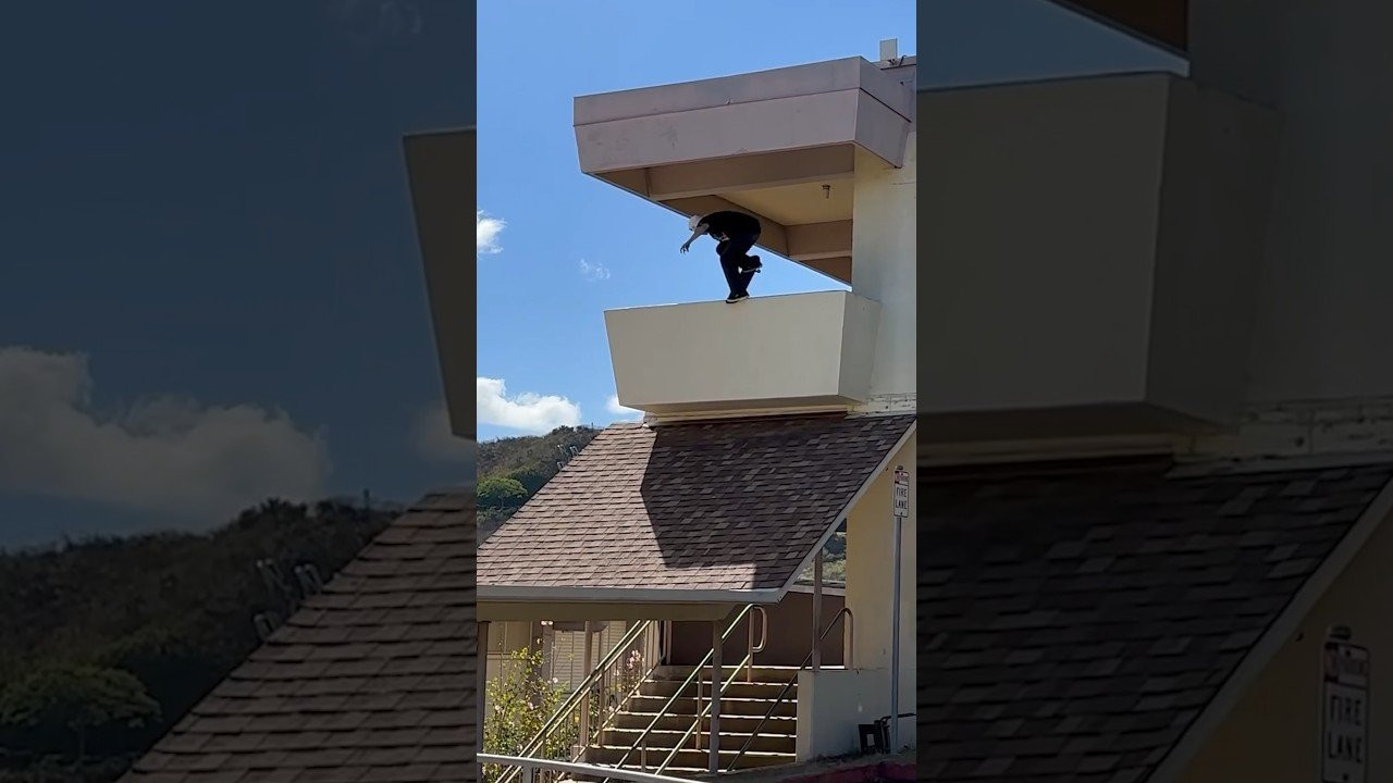😱 CJ Collins navigates a sketchy Hawaiian schoolyard rooftop spot with a Dump Truck from a Volcom trip! #skateboarding