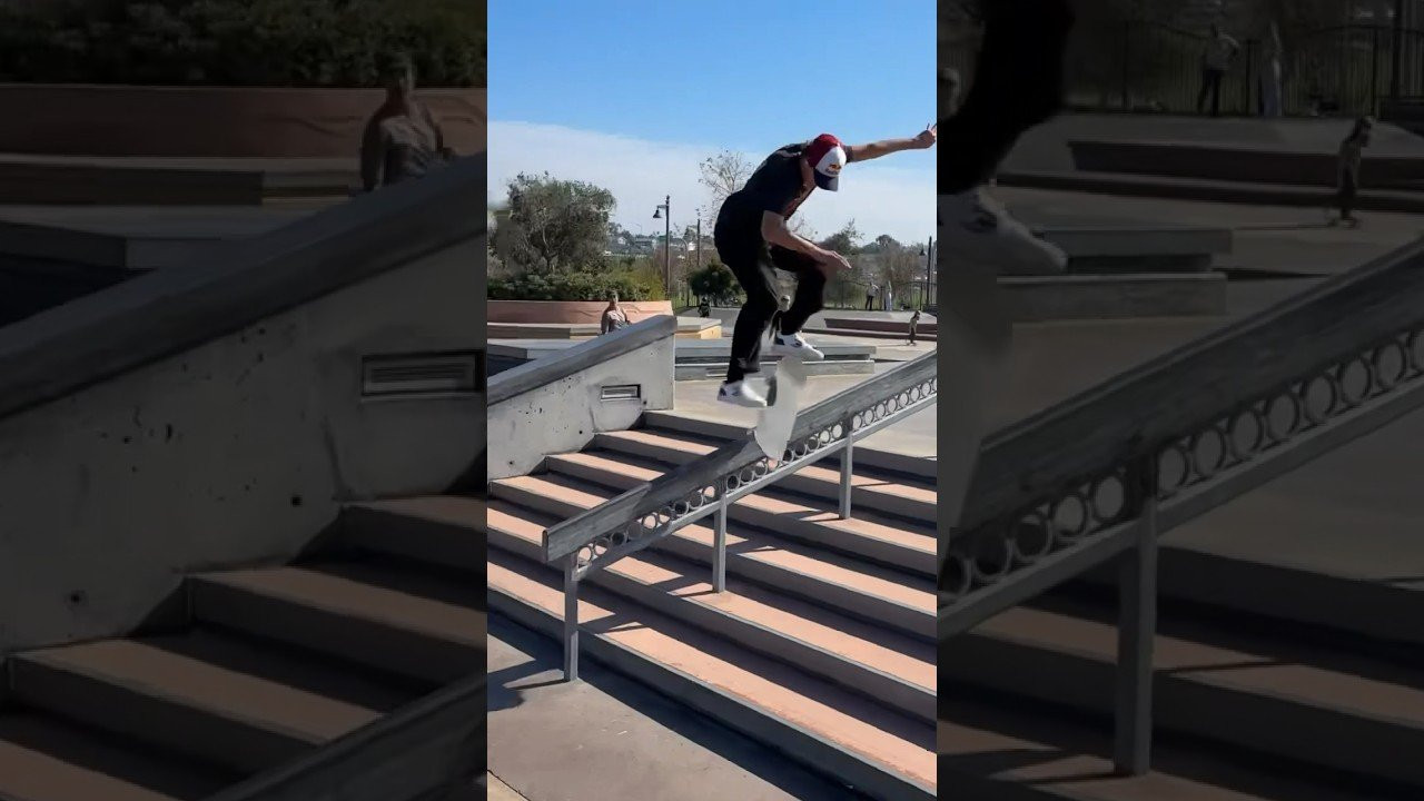Jagger Eaton with a textbook Switch Flip Back Lip down a rail at Encinitas Skatepark in California! #skateboarding