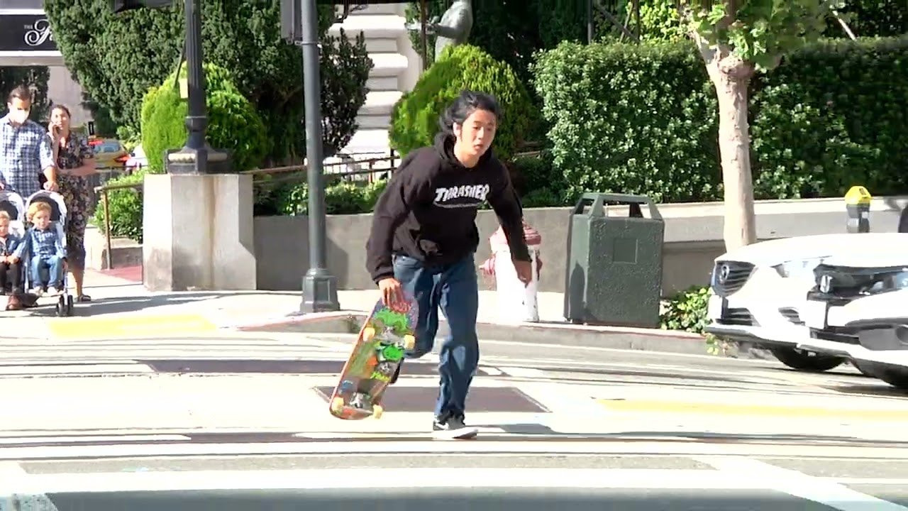 Jeff Carlyle, T4 and Tristan Funkhouser skate Mason St. rail in San Francisco,CA <br />As seen in Thrasher Magazine's "Right Here For Pablo" 2022<br /><br />Filmed by<br />Cody Thompson<br />Otto ray