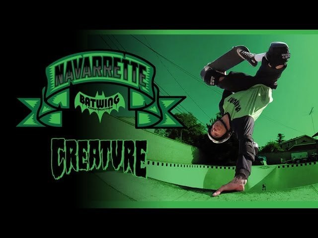 Vertical vampire, Darren Navarrette takes his Creature Batwing pro model for a spin... and a tap... and a plant or two in Kelly Belmar's legendary pool. Navs says his new deck is "Designed for dive bombing." CSFU. Creature Skateboards.