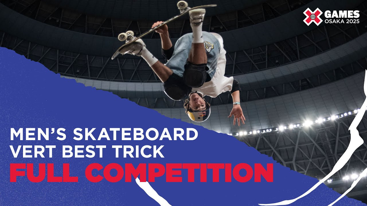 Watch the full Men's Skateboard Vert Best Trick competition from X Games Osaka 2025 in Japan!<br /><br />How medal event is judged:<br />1 heat of 8 athletes in a 20 minute jam session taking as many attempts as possible within the allotted time. Best trick counts, athletes ranked 1-8.<br /><br />Vert is a style of skateboarding that involves performing tricks on a large U-shaped ramp called a halfpipe or vert ramp. The rider gains speed by pumping up and down the ramp, building momentum for aerial maneuvers that can reach heights exceeding 10 feet. Skaters perform a variety of tricks, including spins, flips and grabs, while soaring through the air above the ramp. Skateboard vert requires a combination of speed, agility and courage, as riders must maintain control while executing complex aerial maneuvers at high speeds. Skateboard vert best trick sees riders perform a single big trick, and the X Games contest has witnessed some of the most famous moments in action sports history, like Tony Hawk’s 900 in 1999 and Gui Khury’s 1080 in 2021.<br /><br />#XGames #XGamesOsaka #XGamesJapan #Skateboarding