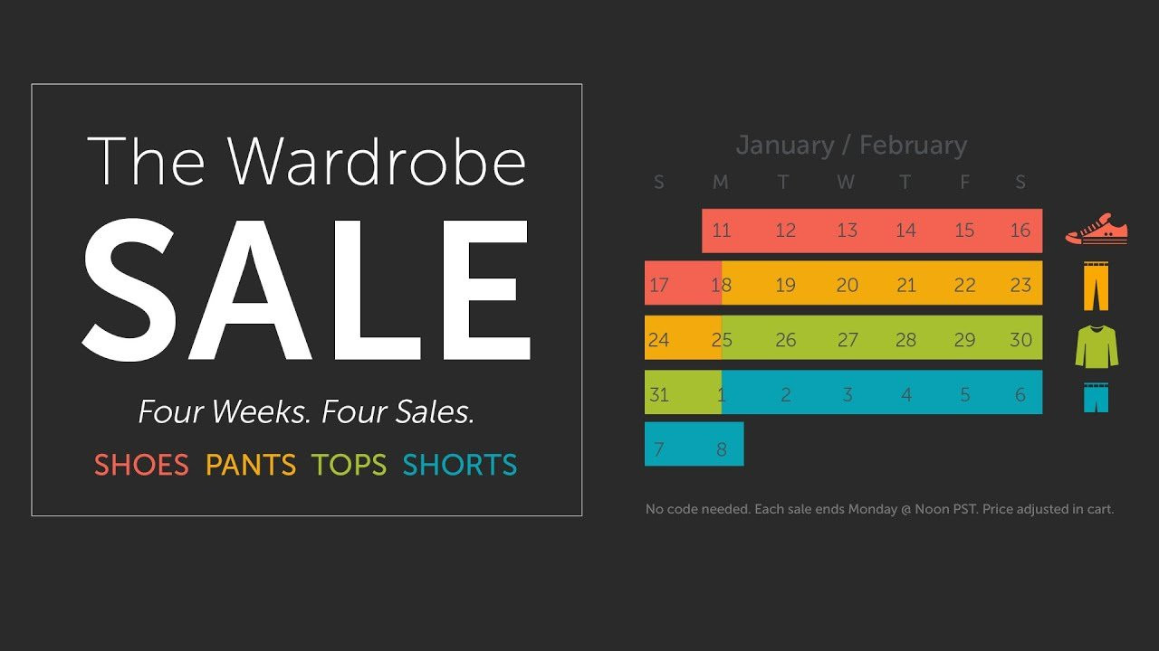 Shop Skate Warehouse: http://bit.ly/1thKQCJ<br />Take advantage of some extremely deep discounts this month with the Skate Warehouse Wardrobe sale! Every week from January 11th to February 8th, different styles of apparel will be marked so low you would be foolish to miss it!<br /><br />Jan 11-18- 25% off sale Shoes<br />Jan 18-25- Pants and Denim starting at $14.99<br />Jan 25-Feb 1- Tops (excluding Tees and Sweatshirts) starting at $14.99<br />Feb 1-8- Shorts starting at $9.99<br /><br />Each sale starts and ends each Monday at Noon, so get there while you can! Thanks for choosing Skate Warehouse!<br /><br />Filmed & Edited by Chandler Beck<br /><br />Had your Daily Dose? Get yours HERE: http://bit.ly/1y49Ync<br /><br />Want to see more Skate Warehouse videos on the regular? <br />Subscribe to our YouTube Channel to stay plugged in. Go skate! http://www.youtube.com/wwwskatewarehousecom<br /><br />Facebook: https://www.facebook.com/SkateWarehouse<br />Twitter: https://twitter.com/skate_warehouse<br />Instagram: http://instagram.com/skatewarehouse<br />Google+: https://plus.google.com/+SkateWarehouse/