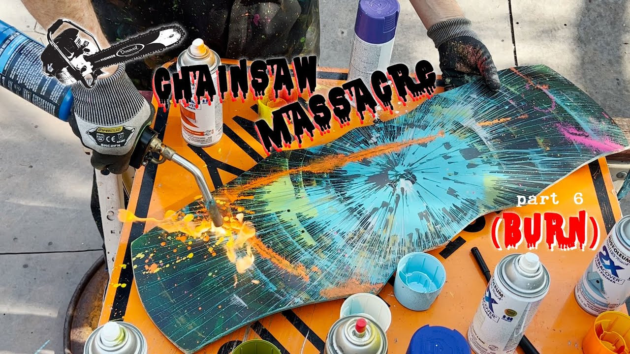 Light my fire! Yes please….through a little experimentation, my inner pyro figured out that spray paint burns and makes for some really amazing textures and distressing. This was the final painting process before the boards got screen printed and really sealed the deal. <br /><br />The 13 boards will be available October 4th 2022 on blockheadskateboards.com . Get yerself on the mailing list so you don't miss out! Tune in tomorrow for more mayhem and destruction, thanks for watching!<br />Dave B.