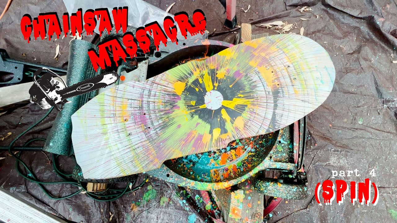 Spin to win! I’ve had the idea to spin some boards for a few years but just didn’t have time to figure out how to do it….then it hit me, a lawnmower!!! So it just fit naturally into the Chainsaw Massacre series…but it was sketchy and scary fast (even with a speed limiter), I honestly wasn’t sure if it would disintegrate and launch the skateboard through the ramp (or my neck), but the patterns this tornado of doom made were next level radness. Pretty colors destroyed! <br /><br />Tune in tomorrow for more mayhem and destruction, thanks for watching!<br />Dave B. The 13 boards will be available October 4th 2022 on blockheadskateboards.com . Get yerself on the mailing list so you don't miss out!