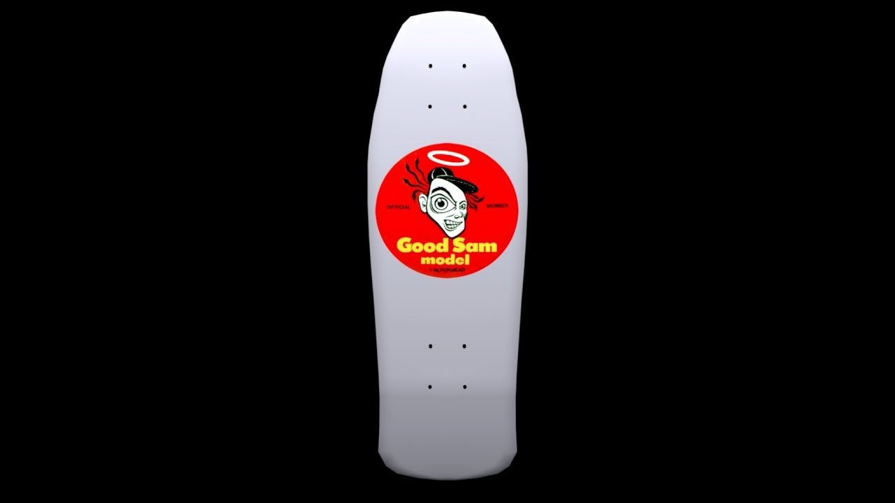 Product launch announcement for Sam Cunningham's iconic Blockhead model from 1988. "Good" reissue and "Evil" model of the same specifications. Available on blockheadskateboards.com
