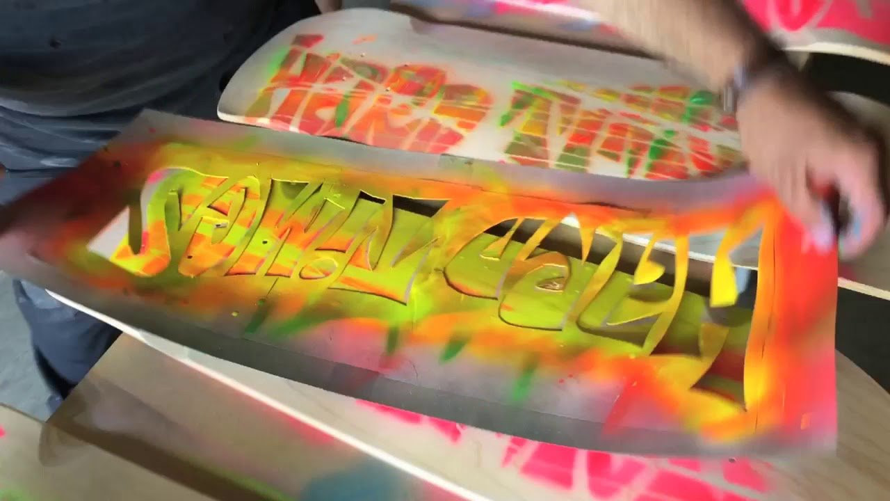 Plot twist on the Hard Times boards....We painted some samples and they just didn’t come out to our satisfaction so thought it would be best to shift gears and step up the game. My buddy and legendary photographer and musician “O” (Gnarcake!) suggested we just spray paint them so that’s exactly what we did....with one-of-a-kind paint jobs using whatever trash we could find for stencils.  All kinds of random colors...lot’s of day-glow too! They came out super rad, can’t wait to see them with the graphics!  <br /><br />We did some in natural, white dip and fluorescent pink, yellow and green tints...they’re sold as assorted but if you have any preferences put your 1st, 2nd and 3rd in the comments section at check out and we’ll see what we can do. Go to blockheadskateboards.com