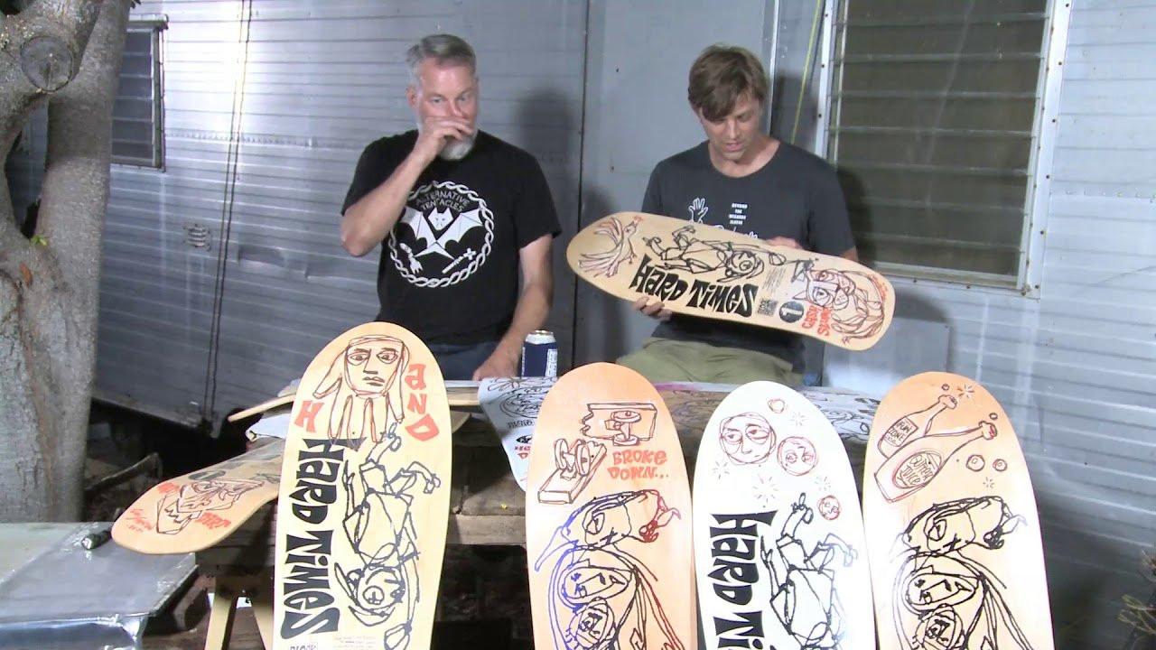 Ron Cameron and Dave Bergthold talk about the origins of the 1989-1992 Hard Times series of Blockhead boards. This cult classic innovative and often imitated line of boards was perhaps the first intentionally "crappy" drawn graphics and the only "price point" skateboard to ever be cool (nothing is). For the skARTplank series, Ron Cameron hand painted on 10 reissue Hard Times boards available 10/18/17 at 6pm pacific on blockheadskateboards.com