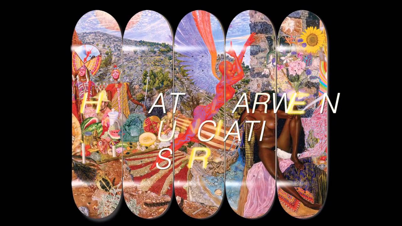 This provocative interpretation, a winged and tattooed Gabriel is depicted astride a conga drum, pointing heavenwards to a Hebrew Aleph symbol (signifying beginning), with a dark skinned and naked Mary surrounded by images of fertility. "Drums were always used to announce something," Mati said. "They were a medium of communication in Africa." To the left are three Wodaabe Charm Dancers, perhaps representing the Three Kings, and an image of Mati himself.<br />For More information on Mati Klarwein and his art please go to <br />MatiKlarweinart.com<br />or on Facebook at<br />facebook.com/pages/Mati-Klarwein/388869437795012?ref=hl