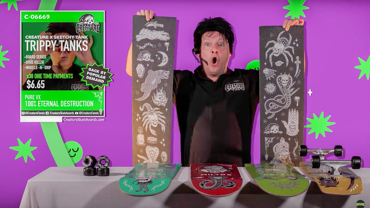 Subscribe: https://www.youtube.com/c/CreatureFiends<br /><br />You saw the Sketchy Tank infomercial, but who the hell is Bozo Beau?! Take a break from reality and give yourself a well-needed, gut-busting distraction with Bozo Beau's Behind-the-Scenes outtakes and bloopers from our latest blood-shedding collab with Sketchy Tank.<br /><br />PEEP THE SKETCHY TANK COLLAB HERE!<br />https://nhsskatedirect.com/collections/trippy-tanks-creature-x-sketchy-tank<br /><br />LURK WITH US:<br />Shop: https://nhsskatedirect.com/pages/creature-skateboards<br />YouTube: https://www.youtube.com/c/CreatureFiends<br />Instagram: https://instagram.com/creaturefiends/ <br />Facebook: https://www.facebook.com/CreatureSkat...<br />Twitter: https://twitter.com/creaturefiends <br /><br />#CreatureSkateboards #Skateboarding #CreachTube