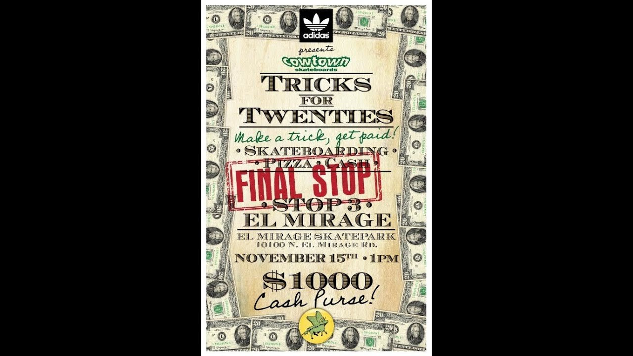 The final stop of 2014's Tricks for $20's presented by adidas went down on Friday November 15th in El Mirage Arizona at the Elmo Skatepark. Dennis Busenitz, Na-kel Smith, and Pete Eldridge signed autographs and dished out free pizza before the hammers started dropping. Michael Eddy, Dashawn Jordan, and 10 year old Mikey Rasor took home big chunks of cash but much of the $1,000 in crisp $20's found its way into the pockets of the other 100+ skateboarders hustling to land the tricks. A huge thanks to everyone at adidas skateboarding, the city of El Mirage, and everyone who came out! 