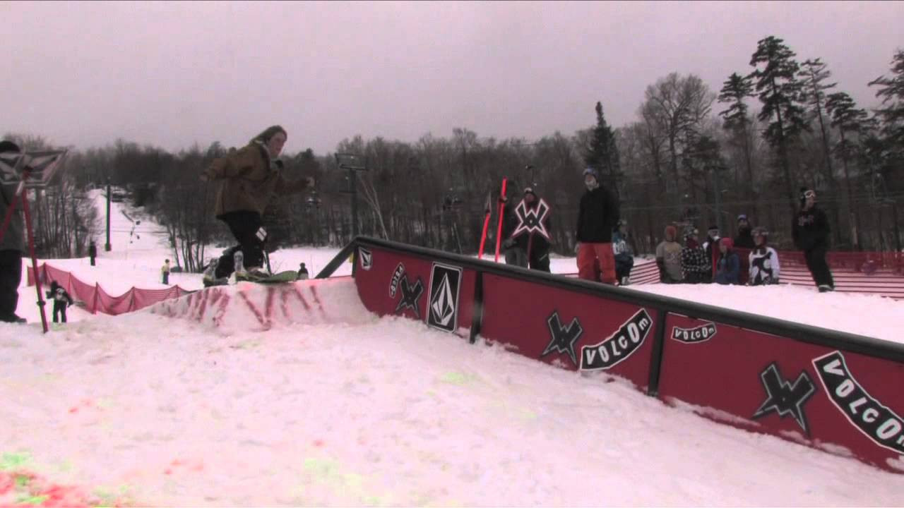 The 10th stop of Volcom's Peanut Butter and Rail Jam Tour stormed Waterville Valley, NH on Saturday, March 3rd, 2012!<br /> <br /> Results:<br /> <br /> 15 and Under:<br /> 1st: Nic Hudson<br /> 2nd: Noah Guarriello<br /> 3rd: Caleb Kern<br /> 4th: Will Vear<br /> 5th: Kyle Cross<br /> <br /> 16 and Over:<br /> 1st: Robbie Connors<br /> 2nd: Shawn Bond<br /> 3rd: Parker Szumowski<br /> 4th: Jay Lamphier<br /> 5th: Caulin Perates<br /> <br /> Ladies Open Division:<br /> 1st: Bekah Ashley<br /> 2nd: Jessi Huege<br /> 3rd: Mary Rand<br /> 4th: Britt Herowitz<br /> 5th: Hannah Kelsey<br /> <br /> Men's Open Division:<br /> 1st: Kai Wiggins<br /> 2nd: Al Grogan<br /> 3rd: Rob Hallowell<br /> 4th: Devon Therrien<br /> 5th: Dennis Filteau<br /> <br /> Electric's Gooeyest Move of the Event:<br /> Al Grogan BS180 SW5050 BS180<br /> <br /> - Music - <br /> Song: "Onward Upward"<br /> Artist: Crusades<br /> Release: New Year Repeat<br /> iTunes: http://georiot.co/Pt7