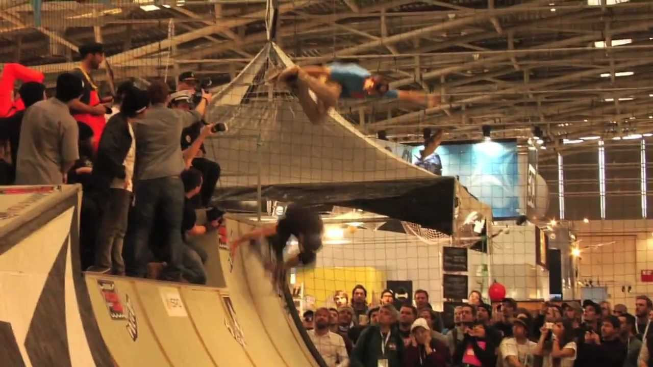 Yes we did it again, the 2012 edition didn't disappoint! With a three day contest and four days of mayhem at the Volcom booth at ISPO in Munich. Skaters, sailors, fishermen and the audience got their bodies washed away by the high seas. On day one, some cash was flooded to the best tricks done all over the ramp. Danny Carlsen from Denmark is a trick machine and his fast feet earned him a bunch of 20€ and 50€ with blunt three's and a half cab blunt bs flip out...but Fernando Bramsmark impressed everyone with some tech trick transfers and some massive oververt to anchor transfers and won the 300€ best trick on top of some more cash.<br /> The contest was held on day two with too much stuff going on to be said, from Mike Vallely appearance to Rune Glifberg antics (anchor to disaster as for example), Fernando pushing his limits, Jake Collins adding some tech to the speed and Ben Hatchell putting on a show. Just check out the video edit to get an idea, the Final was the best one so far! <br /> On the third day a double trouble tournament was sweeping the last day's hungover, with tons of fun and "X treme" duos... Rune and Balder skated fast and as close as possible, Ben Hatchell flew 2 meters over little Mats Hatlem (11 years old) with a fs flip indy, Julien Benoliel and Jarne Verbruggen got tech style-synchro but Alain Goikoetxea and Kako went over the top with Alain flying over Kako's invert on the extension and won the double-trouble prize.<br /> <br /> RESULTS:<br /> 1st Ben Hatchell 3000€<br /> 2nd Jake Collins 1500€<br /> 3rd Fernando Bramsmark 1000€<br /> 4th Rune Glifberg 700€<br /> 5th Josh Young 400€<br /> 6th Ivan Rivado 200€<br /> <br /> Best Trick:<br /> Fernando Bramsmark 300€<br /> Cash: Fernando 190€, Danny Carlsen 130€, Kris Vile 120€, Phil Zwijsen 100€, Ivan Rivado 70€, Jarne Verbruggen 50€, Julien Benoliel 20€, Sam Pulley 20€ <br /> <br /> Double Trouble:<br /> Alain Goikoetxea & Inaki Fernandez (Kako) 200€