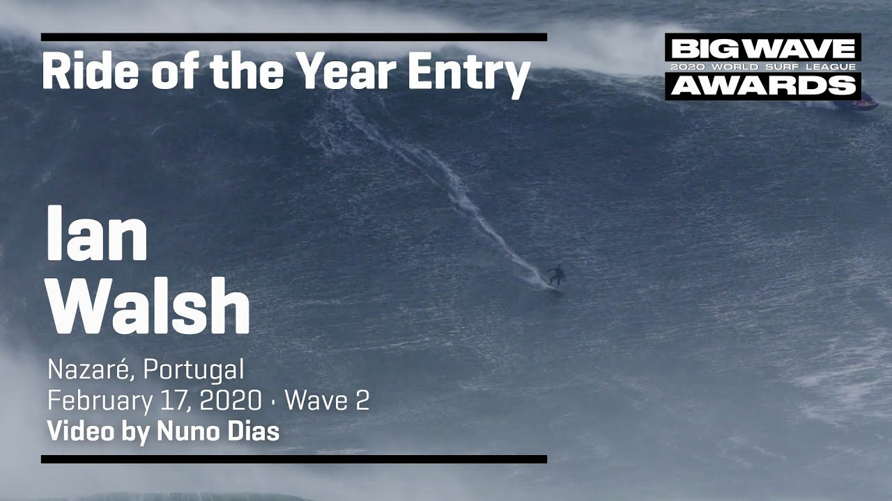 Ian Walsh (Kuau, Hawaii, USA) zips into a giant wall and ventures into the foam field before making a safe exit at Praia do Norte, Nazaré, Portugal on February 17, 2020. Wave 2. Video by Nuno Dias. An entry in the Ride of the Year Award category of the 2020 WSL Big Wave Awards. For more information see www.WorldSurfLeague.com/bigwaveawards