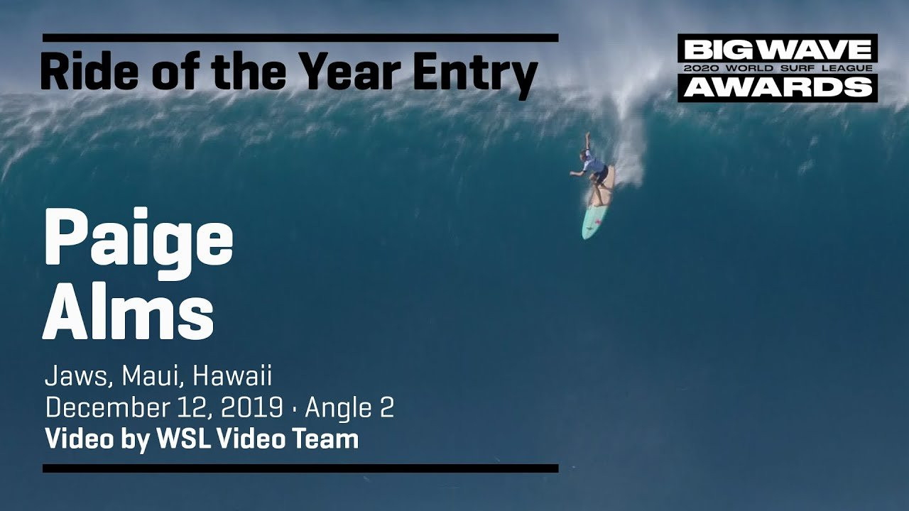 Paige Alms (Haiku, Hawaii, USA) drops in late and gets down the face before being swamped during the women's final at the cbdMD Jaws Big Wave Championships at Pe'ahi, Maui, Hawaii on December 12, 2019. Angle 2. Video by WSL Video Team. An entry in the Ride of the Year Award category of the 2020 WSL Big Wave Awards. For more information see www.WorldSurfLeague.com/bigwaveawards