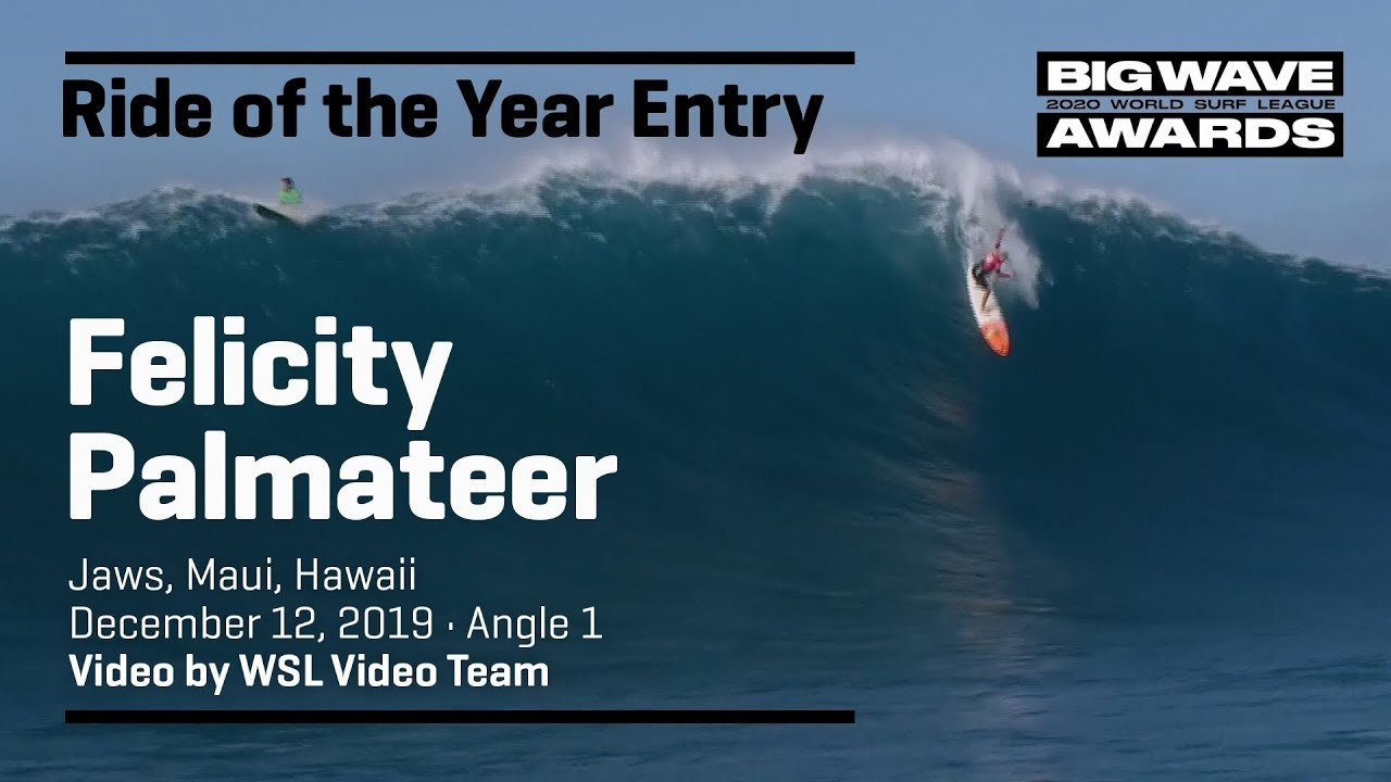 Felicity Palmateer (Burleigh Heads, Queensland, Australia) drops in late, sticks the drop and gets snowed in at the cbdMD Jaws Big Wave Championships at Pe'ahi, Maui, Hawaii on December 12, 2019. Angle 1. Video by WSL Video Team. An entry in the Ride of the Year Award category of the 2020 WSL Big Wave Awards. For more information see www.WorldSurfLeague.com/bigwaveawards