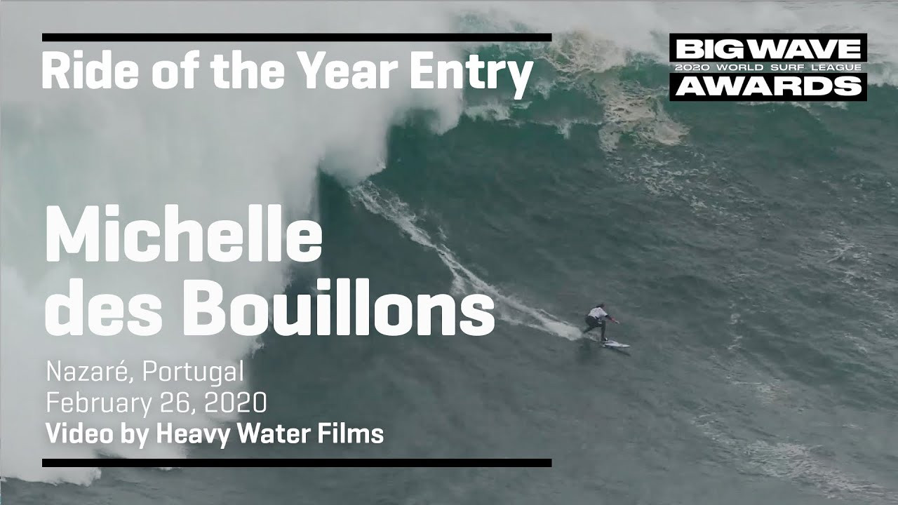 Michelle des Bouillons (Rio de Janeiro, Brazil) zips across a solid wall at Praia do Norte, Nazaré, Portugal on February 26, 2020. Video by Heavy Water Films. An entry in the Ride of the Year Award category of the 2020 WSL Big Wave Awards. For more information see www.WorldSurfLeague.com/bigwaveawards