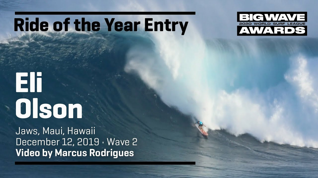Eli Olson (Haleiwa, Hawaii, USA) drops in late to a glassy a bomb and then finds come cover at the cbdMD Jaws Big Wave Championships at Pe'ahi, Maui, Hawaii on December 12, 2019. Wave 2. Video by Marcus Rodrigues. An entry in the Ride of the Year Award category of the 2020 WSL Big Wave Awards. For more information see www.WorldSurfLeague.com/bigwaveawards
