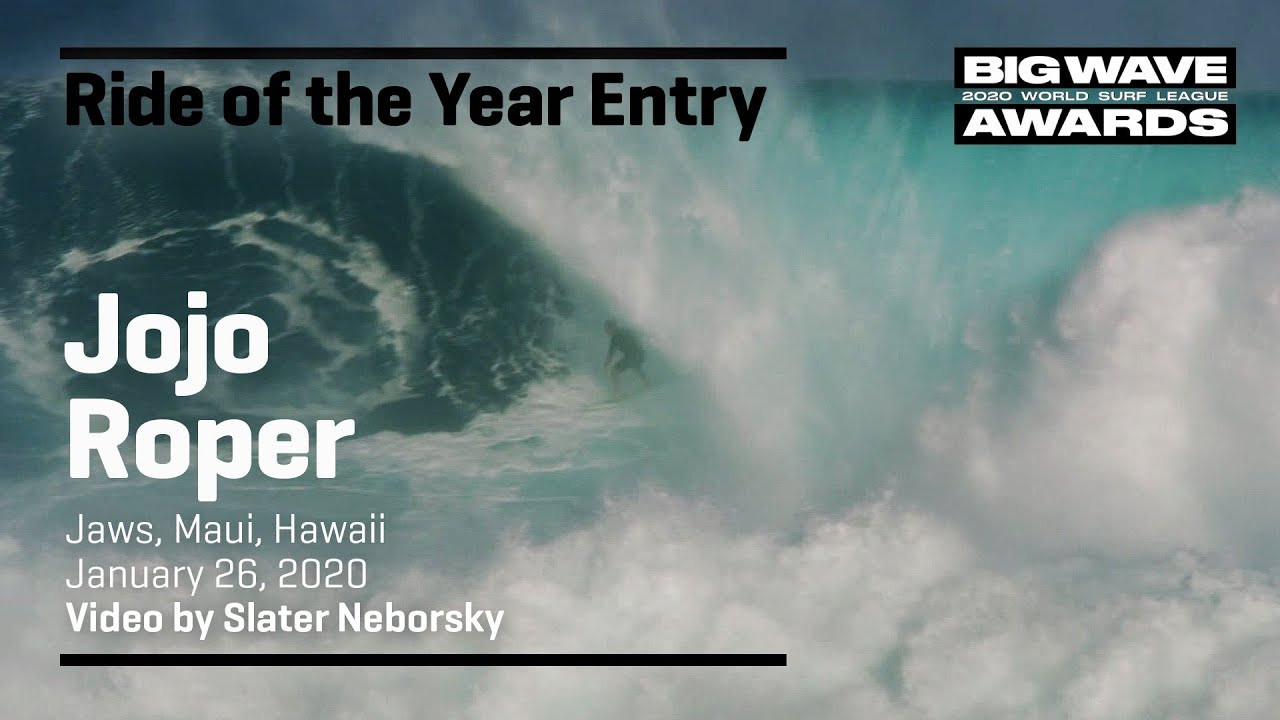 Jojo Roper (San Diego, California, USA) grabs the rope and takes a slingshot entry into a lovely tunnel of froth at Jaws, Maui, Hawaii on January 26, 2020. Video by Slater Neborsky. An entry in the Ride of the Year Award category of the 2020 WSL Big Wave Awards. For more information see www.WorldSurfLeague.com/bigwaveawards