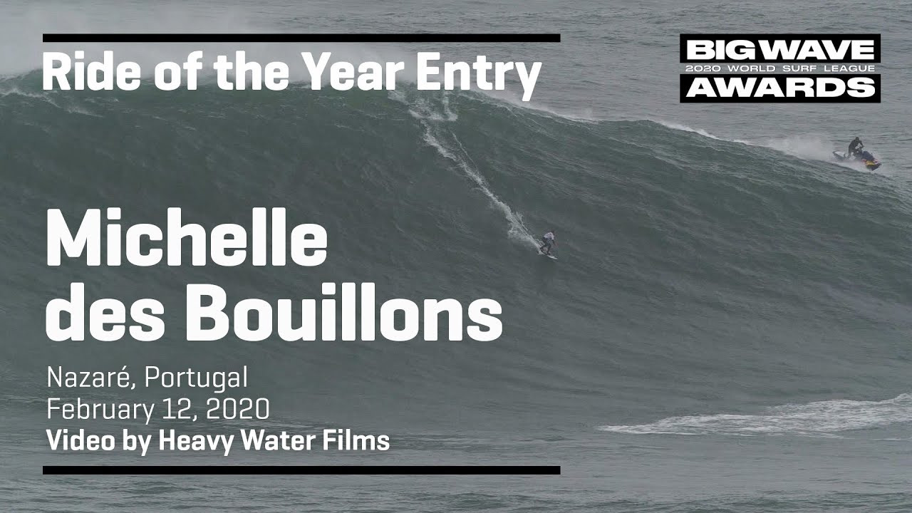 Michelle des Bouillons (Rio de Janeiro, Brazil) careens across the clean green and on to a safe exit at Praia do Norte, Nazaré, Portugal on February 12, 2020. Video by Heavy Water Films. An entry in the Ride of the Year Award category of the 2020 WSL Big Wave Awards. For more information see www.WorldSurfLeague.com/bigwaveawards