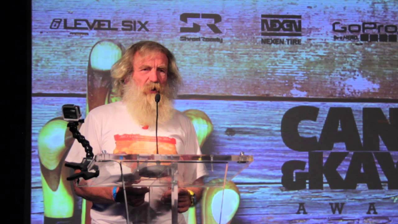 Polish adventurer Aleksander Doba accepts the 2014 Expedition of the Year Award presented by Nexen Tire for his 167-day, 6,000-plus-mile crossing of the Atlantic Ocean from Portugal via Bermuda to Florida. Expedition kayak legend Mick Hopkinson presents the award.