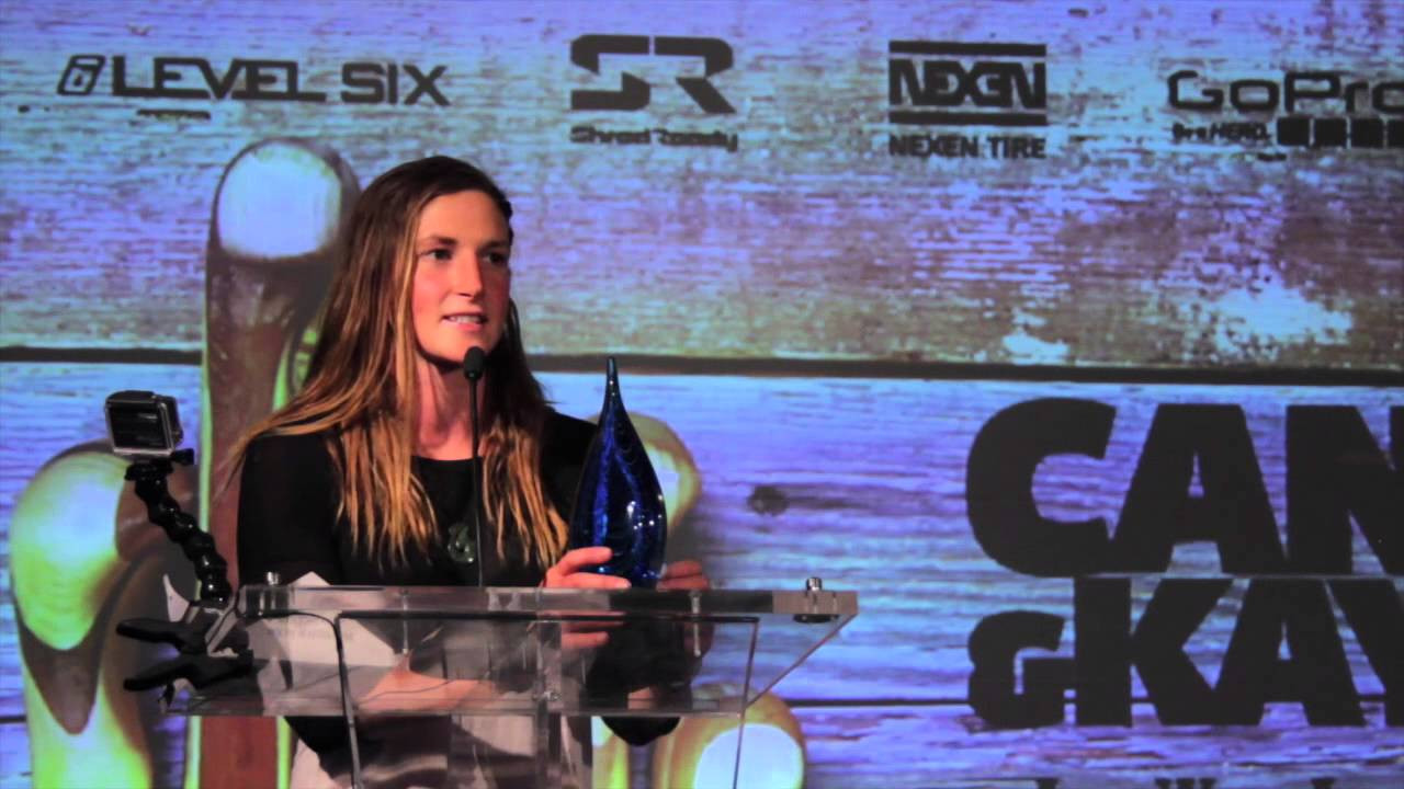 Pat Keller (via video) accepts the 2014 Male Paddler of the Year Award presented by Shred Ready at the 2014 Canoe & Kayak Awards, August 7 in Salt Lake City, with Louise Jull presents the honor and $1000 cash prize.
