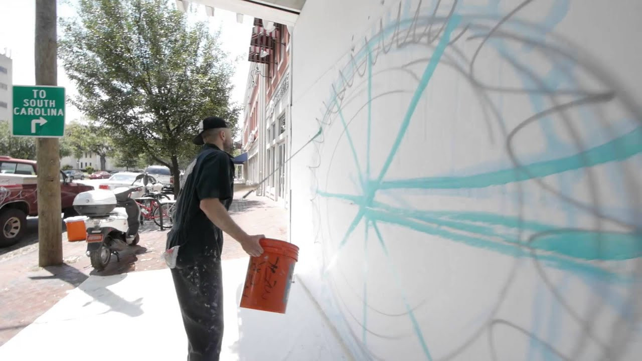In the heart of the arts district of Savannah, an arts mecca, local artist Matt Hebermehl brought bikers to life with slashes of color.