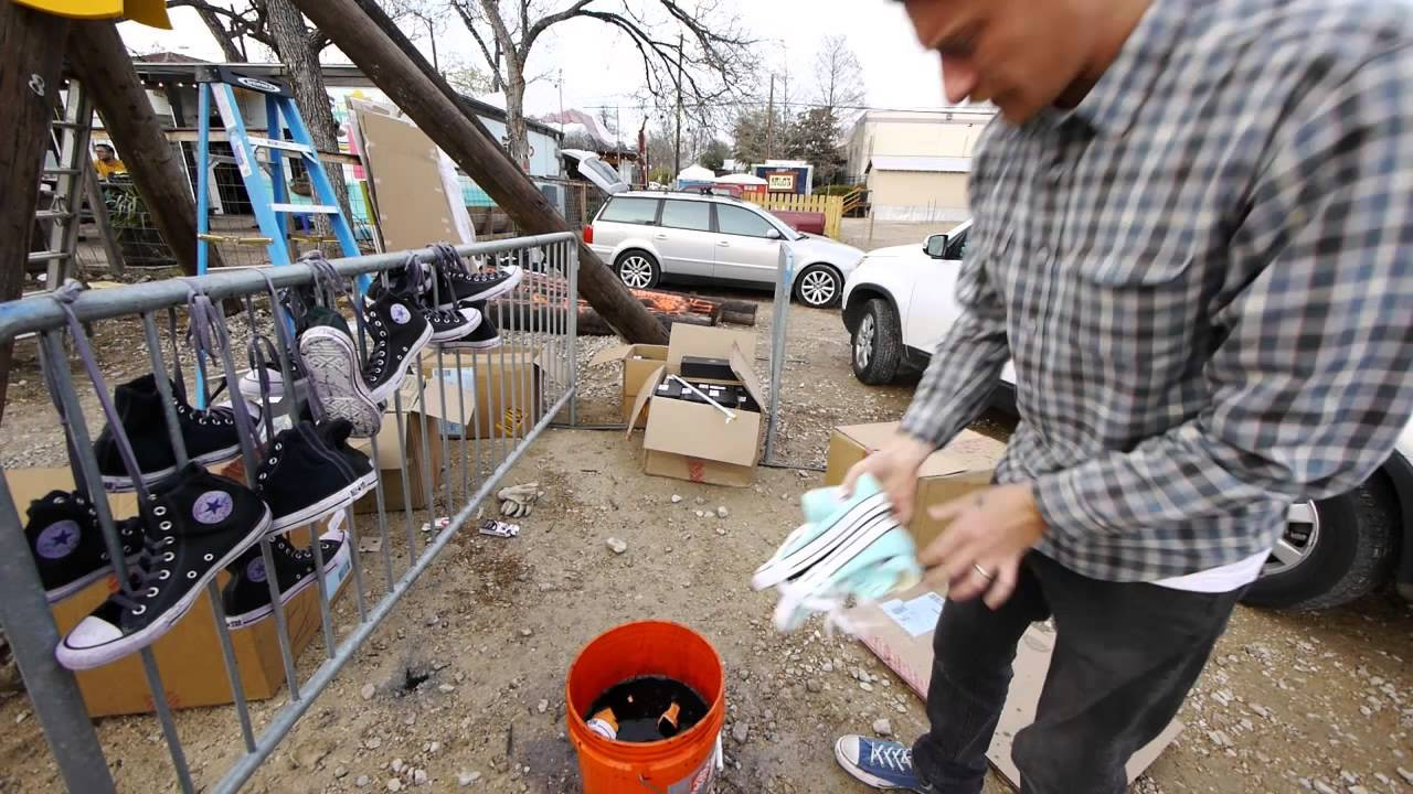 LA-based multimedia artist Sage Vaughn took the Wall to Wall series to unchartered territory in Austin during March, creating our first ever 3-D installation. The piece began with a grouping of telephone poles leaned against each other in the parking lot of legendary Austin venue Cheer Up Charlie's, and combined colorful structures, piles of Chuck Taylor All Star sneakers, to create something truly unique. <br /><br />For more on the Wall to Wall series:<br />http://www.Converse.com/WalltoWall<br /><br />For more on Sage Vaughn:<br />http://www.sagevaughn.com