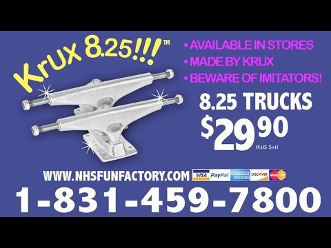 What size truck should you get for an 8.25 deck? The 8.25 truck by Krux! <br />Ron from Krux (@whalebonetown) takes over the infomercial game for the Krux 8.25 truck. Perfect for 8.25 decks!<br />Will fit any decks between 8 and 8.5 inches wide. Great for street, park and all types of skateboarding. World's best cushions feel broken in from the start! The smoothest grind!