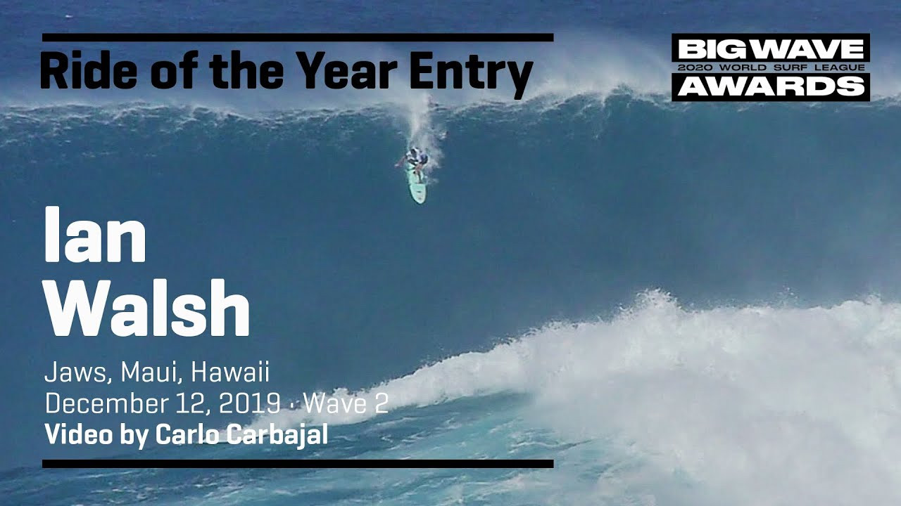 Ian Walsh (Kuau, Hawaii, USA) mountaineers down a majestic wall and then pauses under the cornice for a moment at Jaws, Maui, Hawaii on December 12, 2019. Wave 1. Video by Carlo Carbajal. An entry in the Ride of the Year Award category of the 2020 WSL Big Wave Awards. For more information see www.WorldSurfLeague.com/bigwaveawards