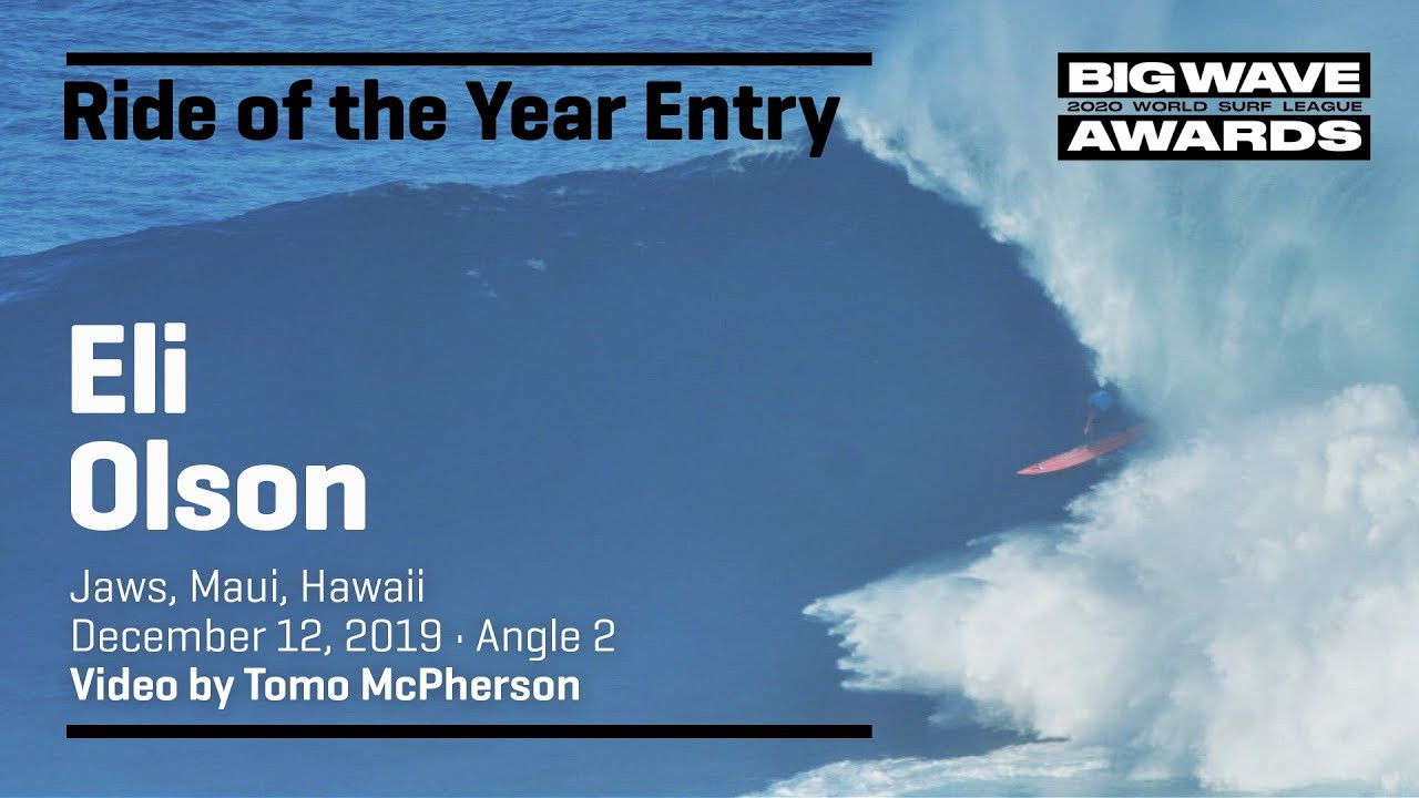 Eli Olson (Haleiwa, Hawaii, USA) drops a bomb and then finds some shade during the cbdMD Jaws Big Wave Championships at Pe'ahi, Maui, Hawaii on December 12, 2019. Angle 2. Video by Tomo McPherson. An entry in the Ride of the Year Award category of the 2020 WSL Big Wave Awards. For more information see www.WorldSurfLeague.com/bigwaveawards