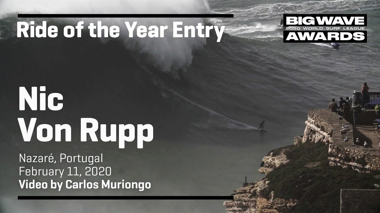 Nic Von Rupp (Sintra, Portugal) goes all out to make it safely past the rocky cliffs below the famed fort at Praia do Norte, Nazaré, Portugal during the Nazaré Tow Surfing Challenge on February 11, 2020. Angle 2. Video by Carlos Muriongo. An entry in the Ride of the Year Award category of the 2020 WSL Big Wave Awards. For more information see www.WorldSurfLeague.com/bigwaveawards