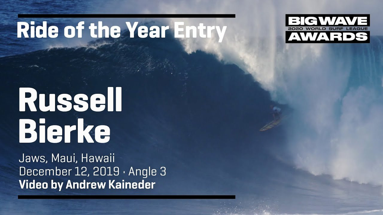 Russell Bierke (Ulladulla, NSW, Australia) is seen from a third viewpoint as he scores the wave of the day during the cbdMD Jaws Big Wave Championships at Pe'ahi, Maui, Hawaii on December 12, 2019. Video by Andrew Kaineder. Angle 3. An entry in the Ride of the Year Award category of the 2020 WSL Big Wave Awards. For more information see www.WorldSurfLeague.com/bigwaveawards