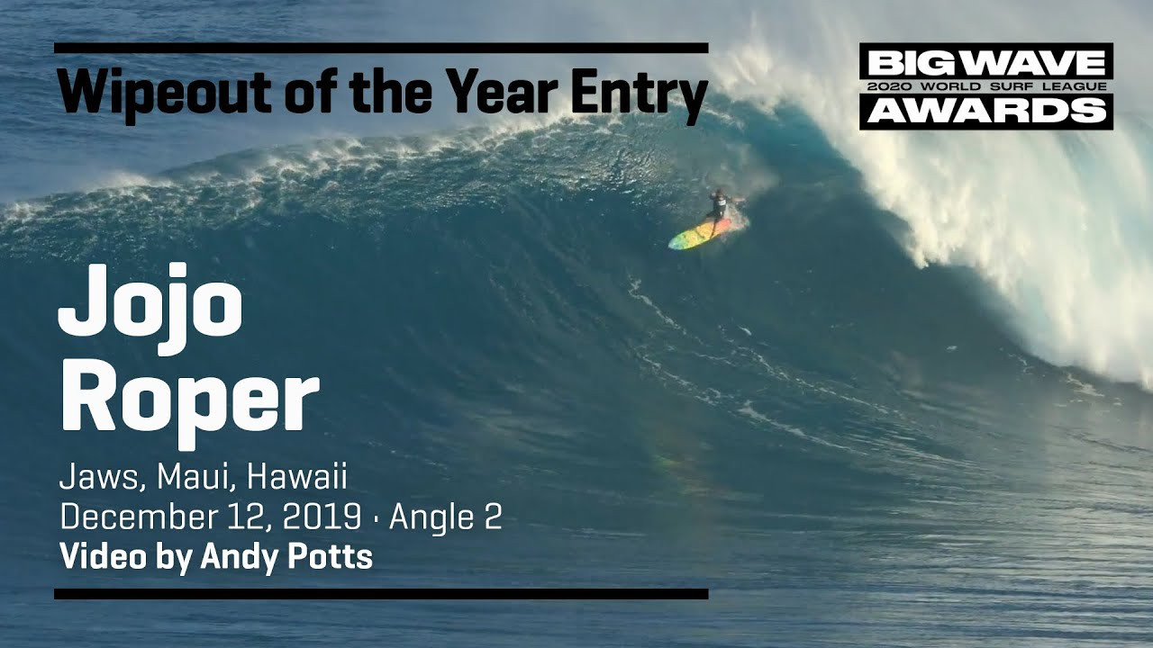 Jojo Roper (San Diego, California, USA) finds himself a bit late to party and suffers the consequences at Jaws, Maui, Hawaii on December 12, 2019. Video by Andy Potts. An entry in the Ride of the Year Award category of the 2020 WSL Big Wave Awards. For more information see www.WorldSurfLeague.com/bigwaveawards