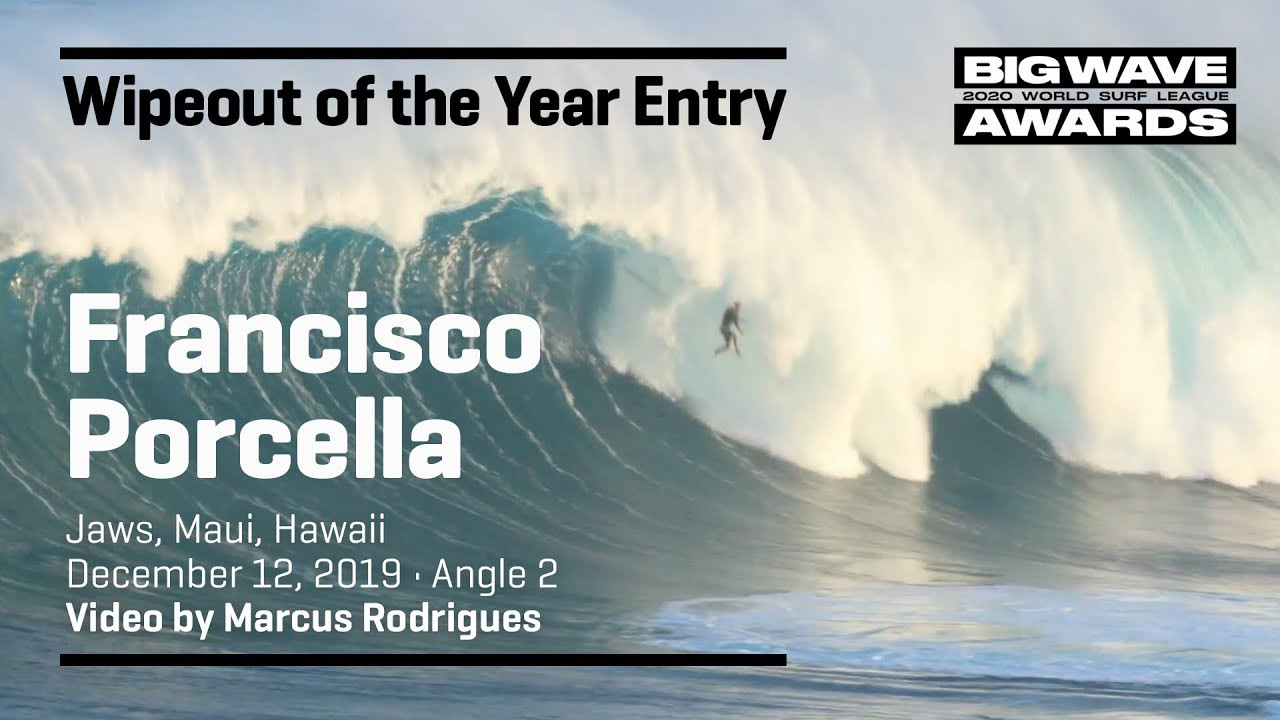Francisco Porcella (Sardegna, Italy) steps into an open elevator shaft at Jaws, Maui, Hawaii on December 12, 2019. Angle 2. Video by Marcus Rodrigues. An entry in the Wipeout of the Year Award category of the 2020 WSL Big Wave Awards. For more information see www.WorldSurfLeague.com/bigwaveawards