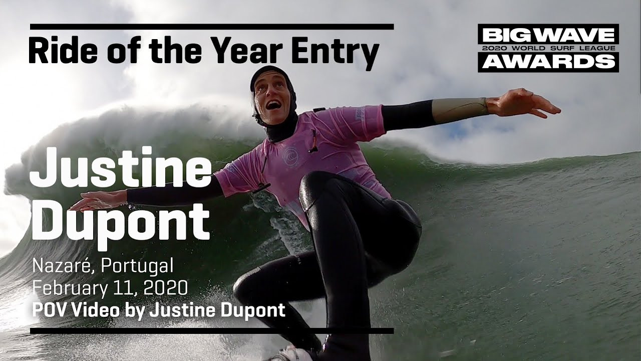 Justine Dupont (Seignosse, France) is depicted in an up--close-and-personal manner as she takes on her winning wave at Praia do Norte, Nazaré, Portugal during the Nazaré Tow Surfing Challenge on February 11, 2020. Angle 4 Go Pro Video by Justine Dupont. An entry in the Ride of the Year Award category of the 2020 WSL Big Wave Awards. For more information see www.WorldSurfLeague.com/bigwaveawards