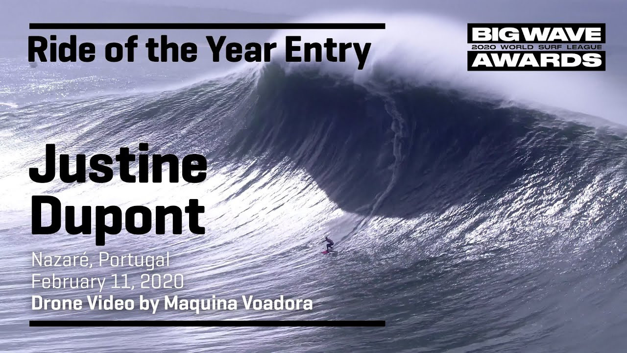 Justine Dupont (Seignosse, France) is captured from an aerial perspective as she drops into a monumental A-frame and successfully streaks to a safe exit at Praia do Norte, Nazaré, Portugal during the Nazaré Tow Surfing Challenge on February 11, 2020. Angle 3. Drone Video by Maquina Voadora. An entry in the Ride of the Year Award category of the 2020 WSL Big Wave Awards. For more information see www.WorldSurfLeague.com/bigwaveawards