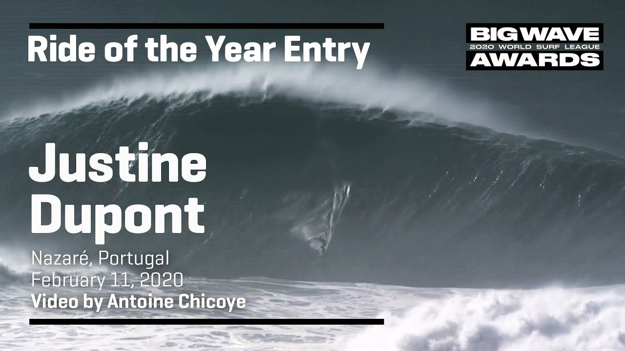 Justine Dupont (Seignosse, France) drops into a monumental A-frame and successfully streaks to a safe exit at Praia do Norte, Nazaré, Portugal during the Nazaré Tow Surfing Challenge on February 11, 2020. Video by Antoine Chicoye. An entry in the Ride of the Year Award category of the 2020 WSL Big Wave Awards. For more information see www.WorldSurfLeague.com/bigwaveawards