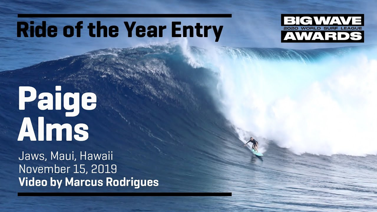 Paige Alms (Haiku, Hawaii, USA) drops in and styles on through to the shoulder at Jaws, Maui, Hawaii on November 15, 2019. Video by Marcus Rodrigues. An entry in the Ride of the Year Award category of the 2020 WSL Big Wave Awards. For more information see www.WorldSurfLeague.com/bigwaveawards