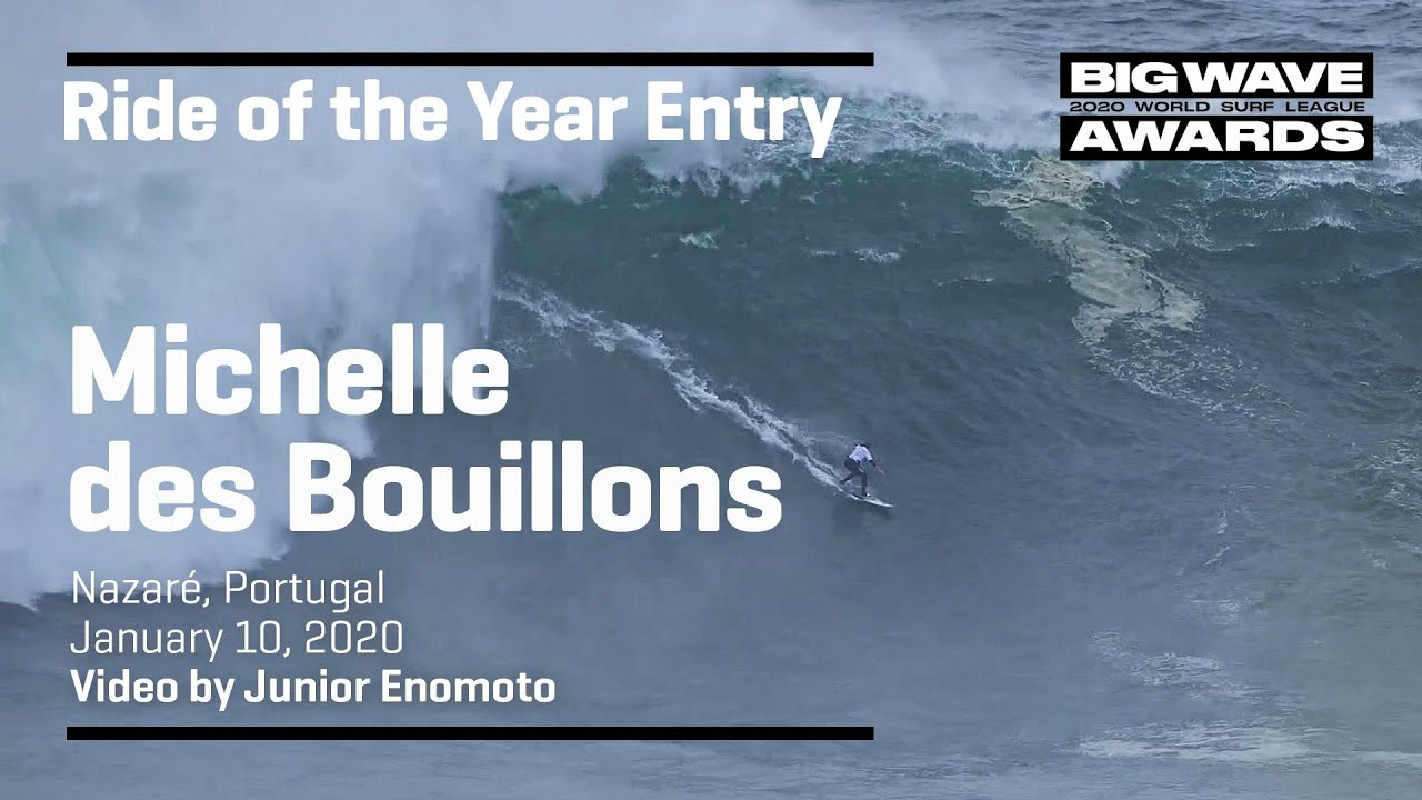 Michelle des Bouillons (Rio de Janeiro, Brazil) beats out a tall wall with a foam chaser at Praia do Norte, Nazaré, Portugal on January 10, 2020. Video by Junior Enomoto. An entry in the Ride of the Year Award category of the 2020 WSL Big Wave Awards. For more information see www.WorldSurfLeague.com/bigwaveawards