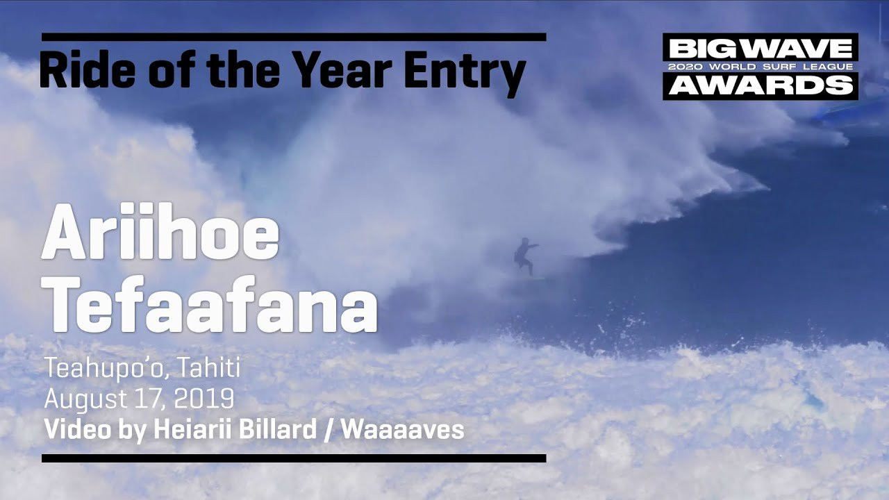 Ariihoe Tefaafana (Tahiti, French Polynesia) is hardly visible from the scaffolding angle as he rockets through a massive South Pacific cavern below sea level and is spit out with vigor at Teahupo'o, Tahiti on August 17, 2019. Video by Heiarii Billard/Waaaaves. Angle 2. An entry in the Ride of the Year Award category of the 2020 WSL Big Wave Awards. For more information see www.WorldSurfLeague.com/bigwaveawards