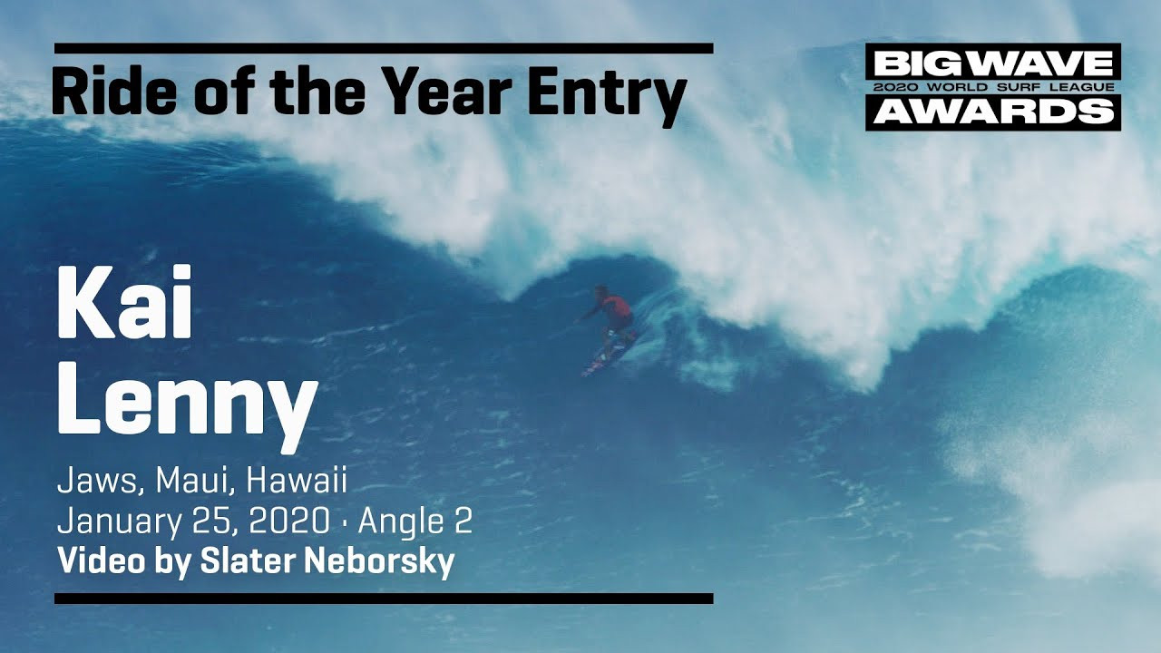 Kai Lenny (Paia, Hawaii, USA) tows in, stalls for the section and successfully drives through a massive barrel on a windy afternoon at Jaws, Maui, Hawaii on January 25, 2020. Angle 2. Video by Slater Neborsky. An entry in the Ride of the Year Award category of the 2020 WSL Big Wave Awards. For more information see www.WorldSurfLeague.com/bigwaveawards