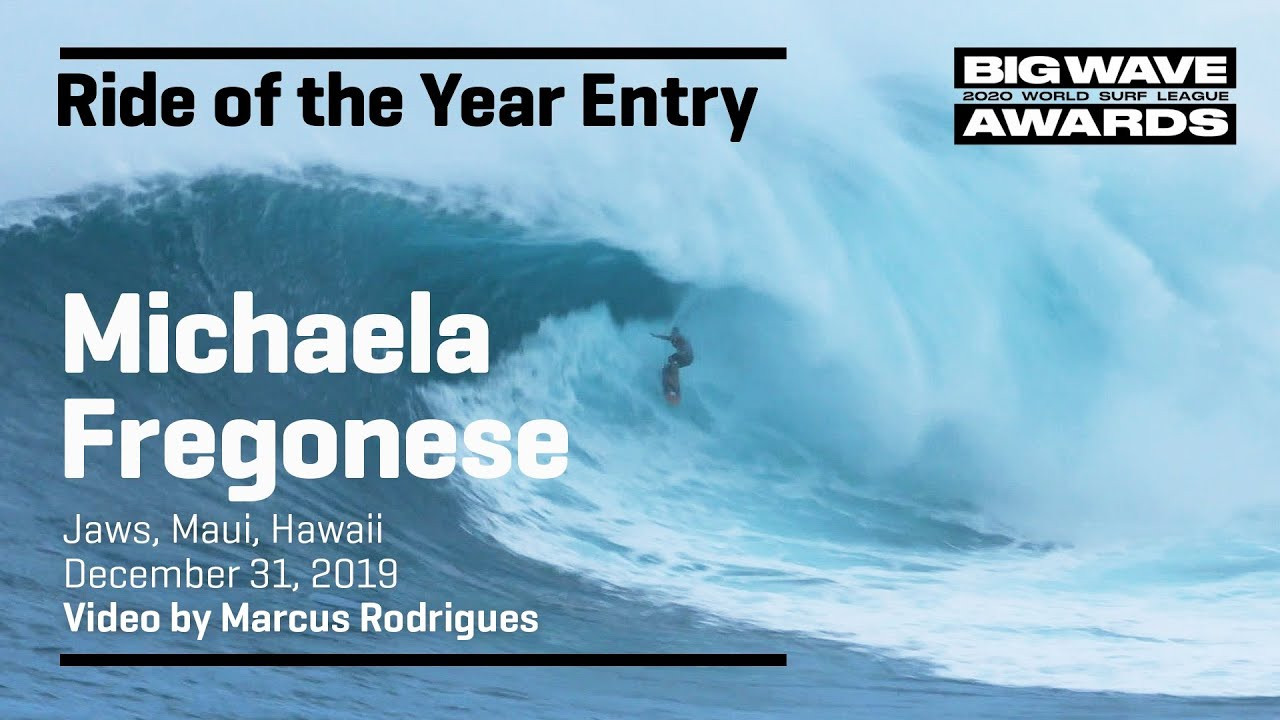 Michaela Fregonese (Rio de Janeiro, Brazil) is seen in a second angle as she tows in and finds her way through one of the best barrels ever completed by a woman at Jaws, Maui, Hawaii on December 31, 2019. Video by Marcus Rodrigues. An entry in the Ride of the Year Award category of the 2020 WSL Big Wave Awards. For more information see www.WorldSurfLeague.com/bigwaveawards